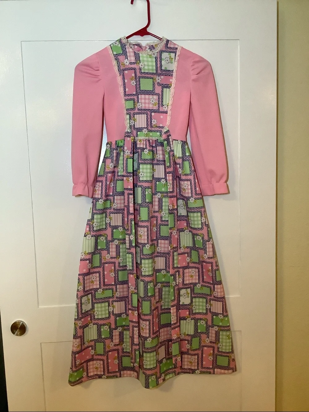 70’s VTG Prairie Girl Dress Brady Bunch Party Inverted Lace Trim Bib